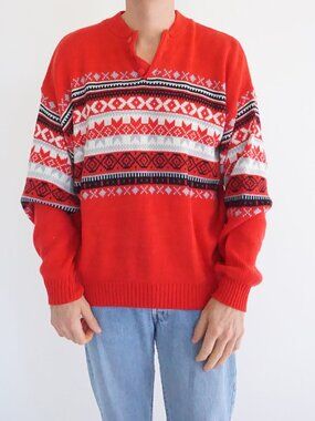 Vintage Puritan Red Fair Isle Nordic Henley Button Neck Christmas Ski Sweater XL